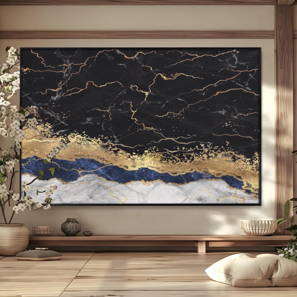 Tablou canvas cu tablou abstract cu marmura si auriu, in rama de aluminiu negru